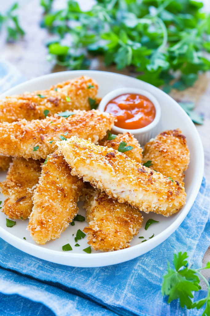Appetizer bowl featuring crunchy chicken tenders with a fresh green accent.