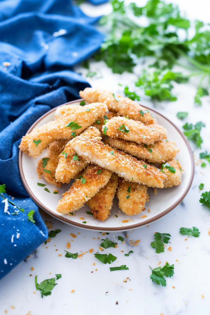 Stacked breaded chicken strips highlighting their golden crust.