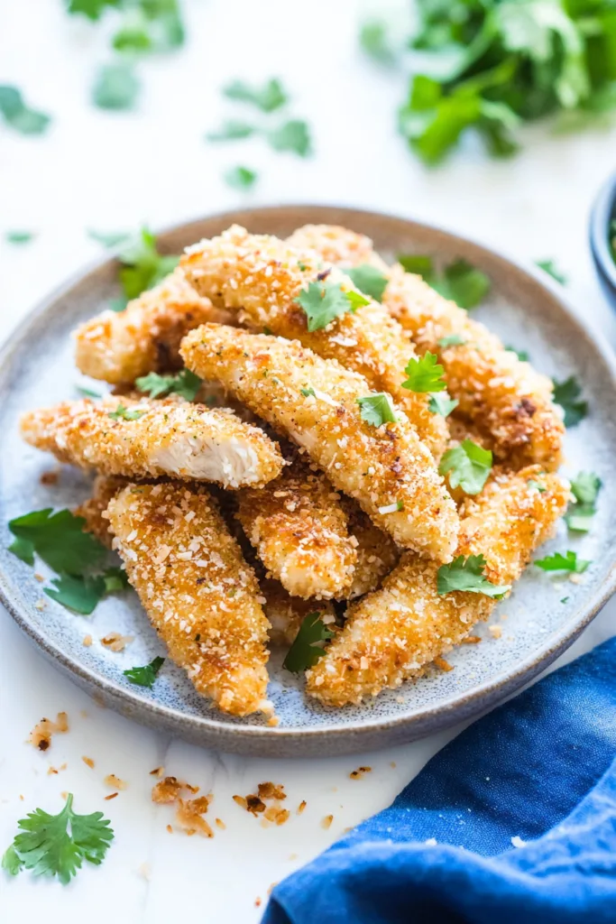 Serving dish of crispy chicken pieces with a vibrant parsley garnish.