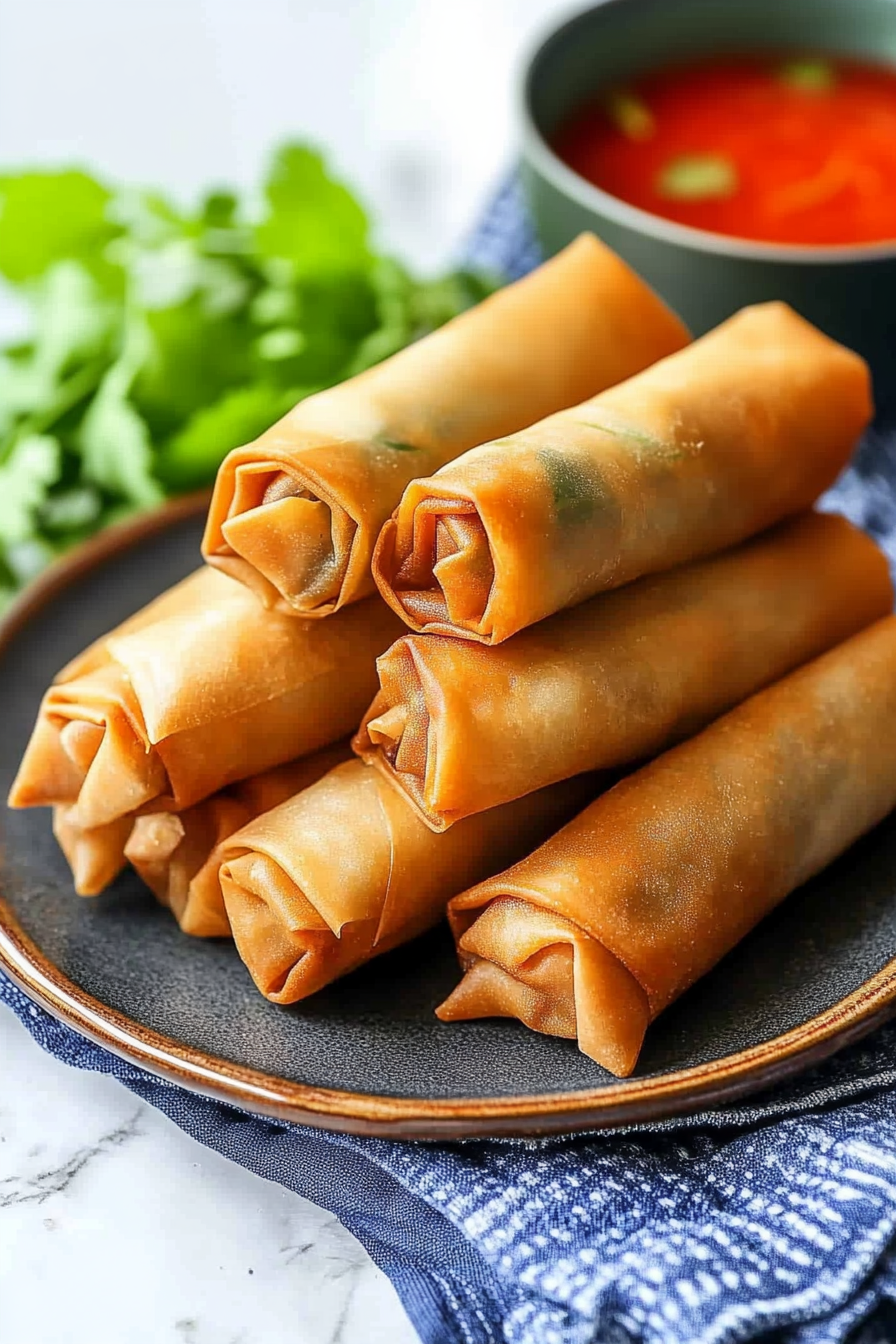 Stack of golden spring rolls on a dark plate with dipping sauce nearby.