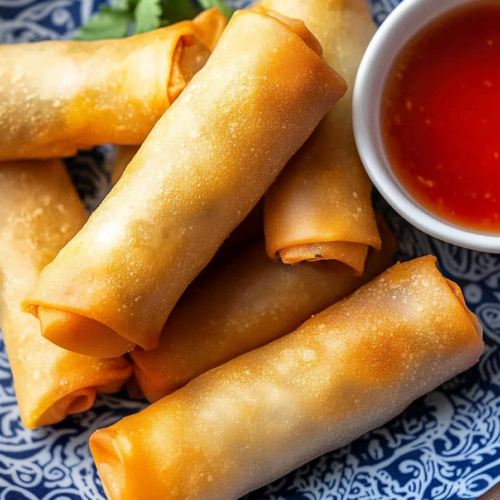 Neatly arranged rolls with golden wrappers and fresh herbs in the background.