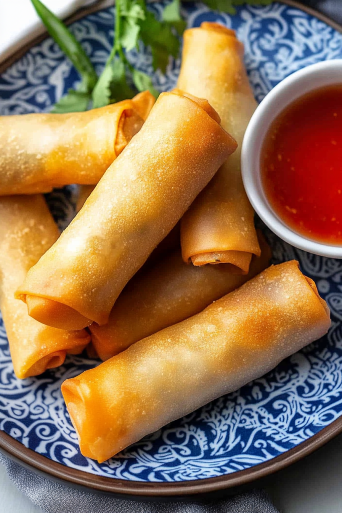Neatly arranged rolls with golden wrappers and fresh herbs in the background.