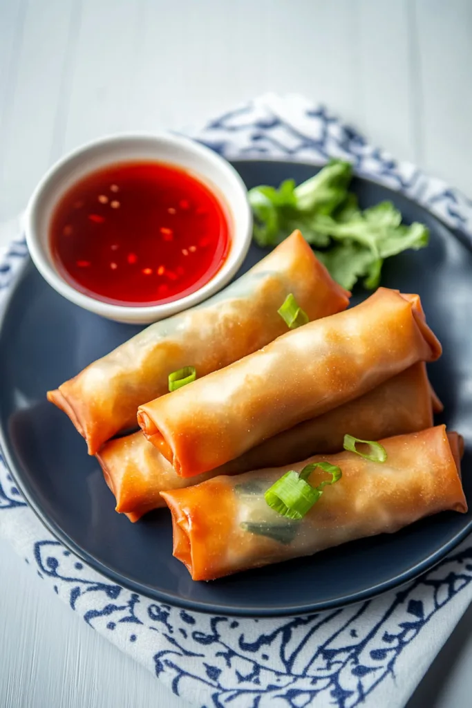 Crunchy spring rolls served on a ceramic dish with chili sauce for dipping.