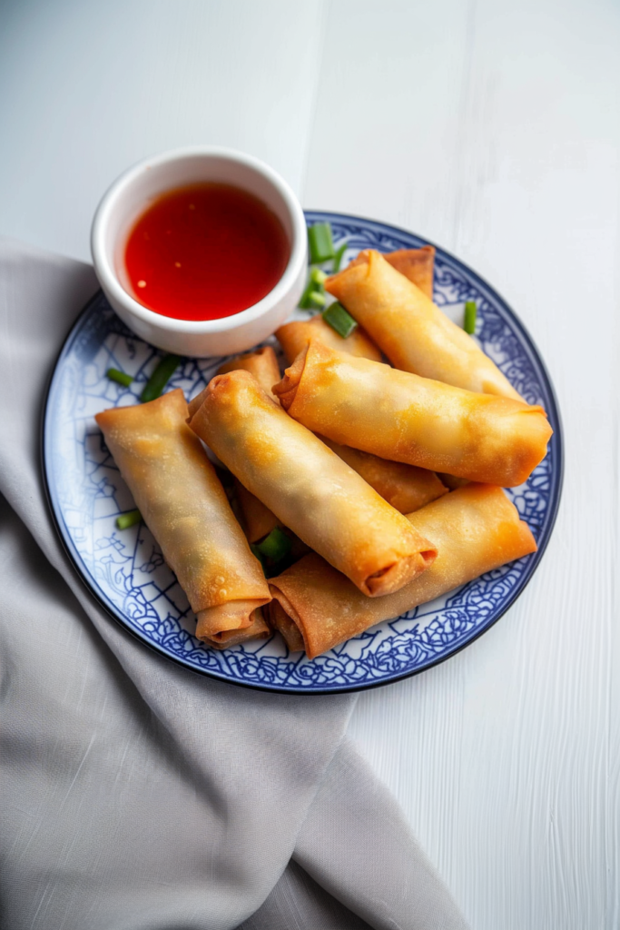 Appetizer platter featuring freshly cooked spring rolls with a side of red sauce.