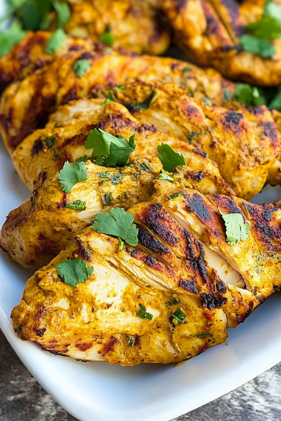 Plated grilled chicken with a bold, savory marinade and fresh herb garnish