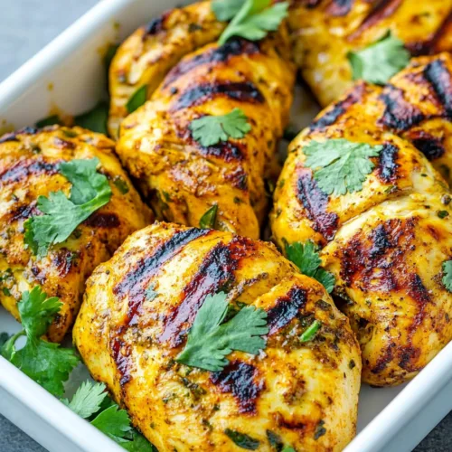 Grilled chicken breast coated in a rich golden curry marinade, garnished with fresh herbs