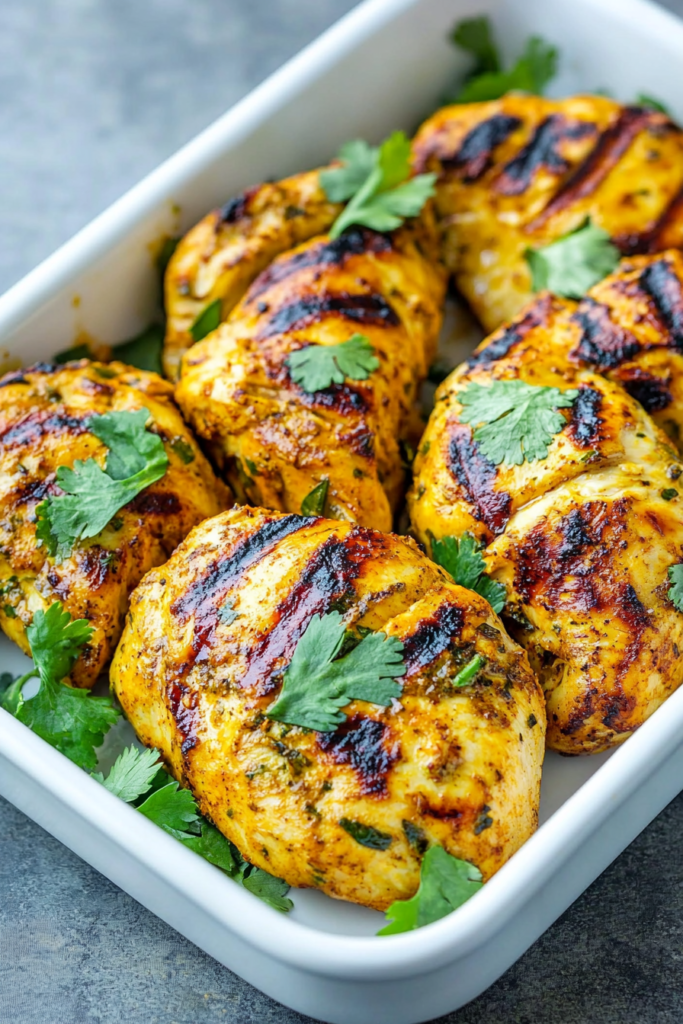 Grilled chicken breast coated in a rich golden curry marinade, garnished with fresh herbs
