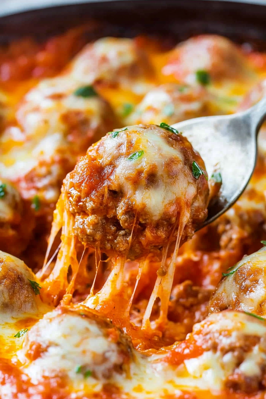Close-up of meatballs in tomato sauce topped with melted cheese and fresh herbs
