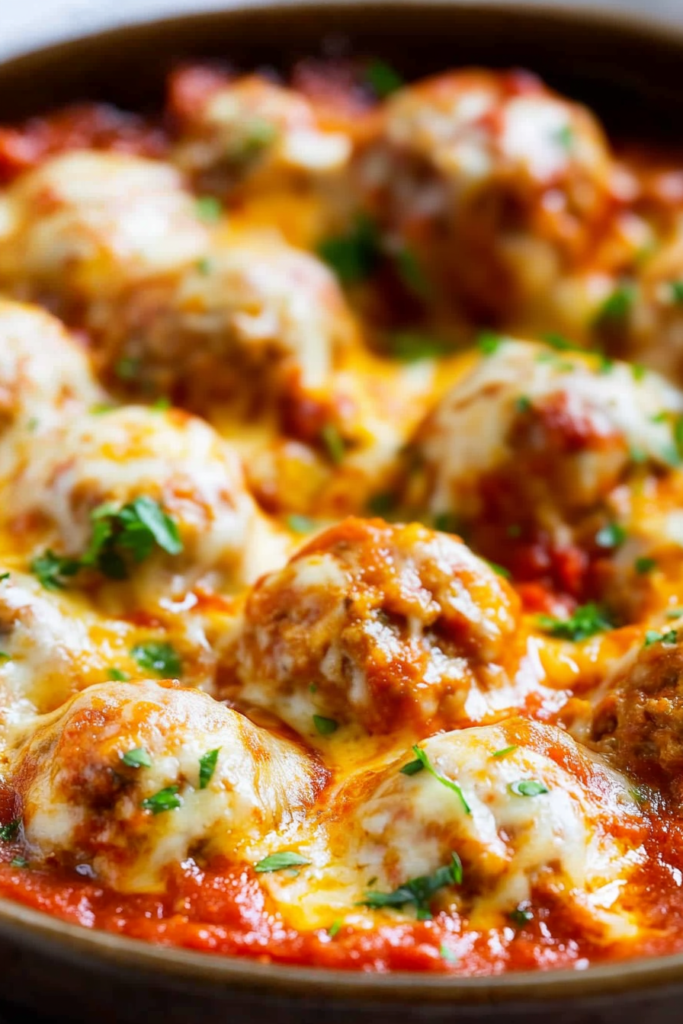 Final presentation of baked meatballs, thick tomato sauce, and bubbling cheese layer