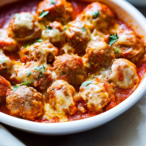 Freshly baked meatballs garnished with parsley, served hot in a rustic dish