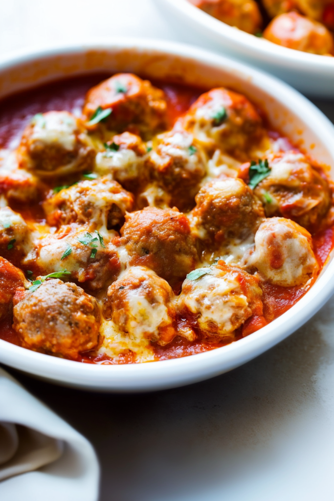 Freshly baked meatballs garnished with parsley, served hot in a rustic dish