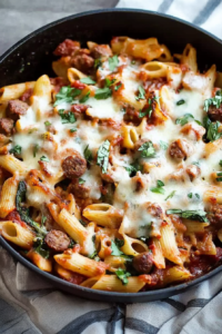 Baked penne with chicken sausage, marinara sauce, and melted mozzarella topped with fresh parsley.