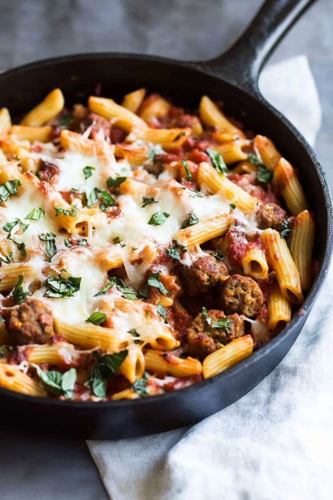 Cheesy pasta skillet loaded with sliced sausage, tomato sauce, and tender pasta tubes.