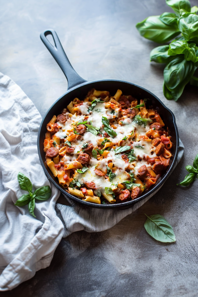 Hearty sausage and pasta dinner garnished with chopped herbs and rich tomato sauce.