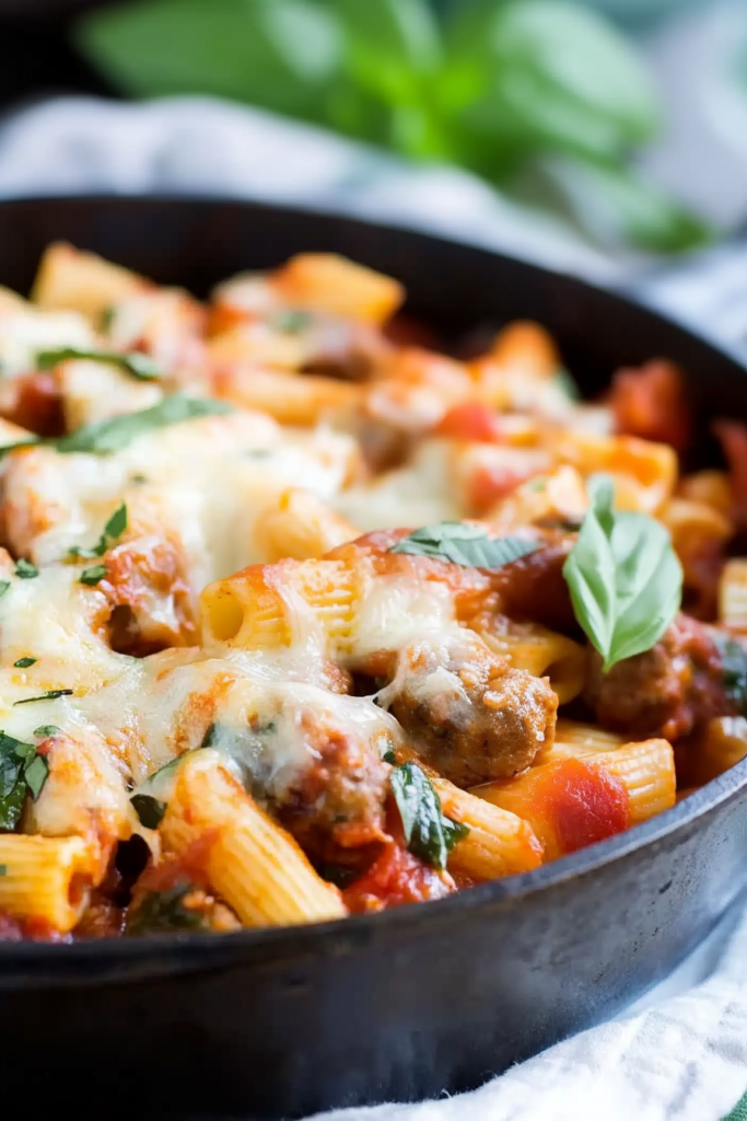 Close-up of a comforting pasta bake with juicy chicken sausage and melted cheese on top.