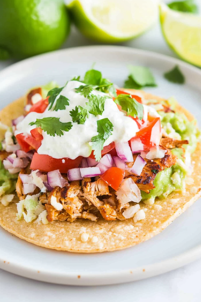 Crispy tostada topped with shredded chicken, avocado, diced tomatoes, and sour cream