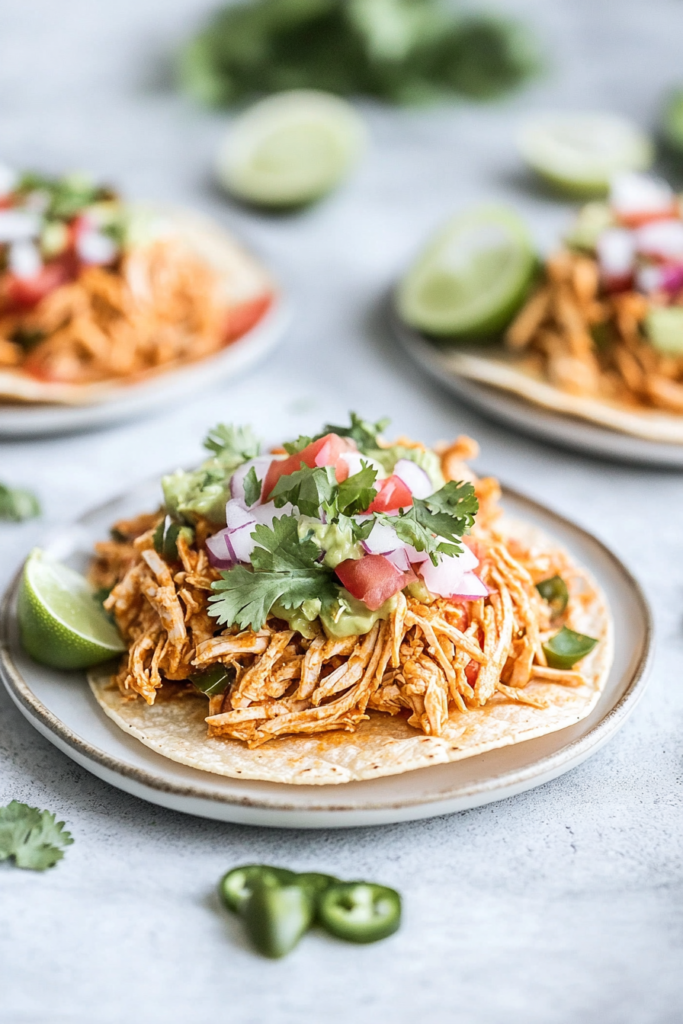Loaded tostada featuring grilled chicken, guacamole, and fresh chopped vegetables