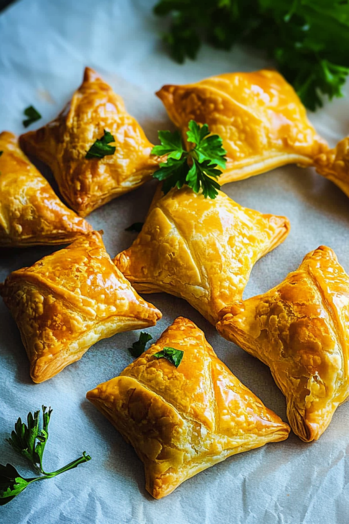 Golden flaky puff pastries with a crisp, layered crust and parsley garnish