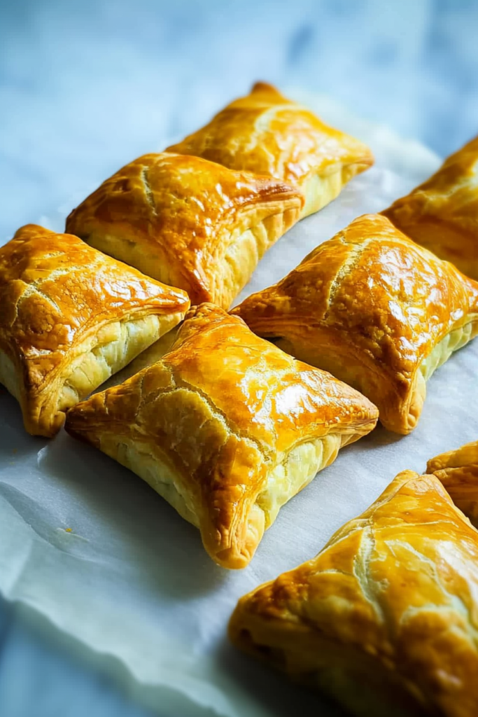 Crispy puff pastry squares served warm with a light, flaky texture