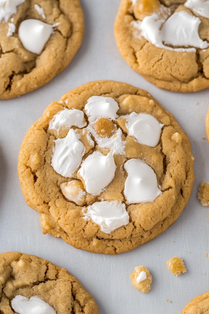 Golden cookies topped with gooey marshmallow dollops and scattered caramel bits on a light surface.