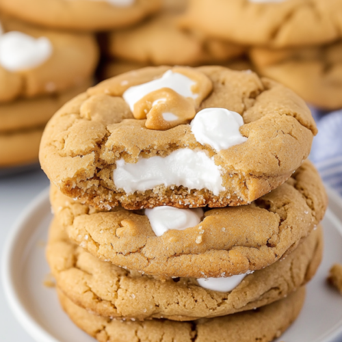 Stack of cookies showing their chewy texture, glossy marshmallow topping, and caramel accents.