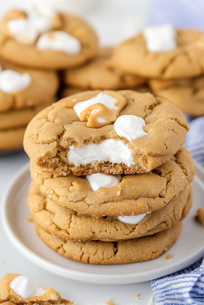Stack of cookies showing their chewy texture, glossy marshmallow topping, and caramel accents.
