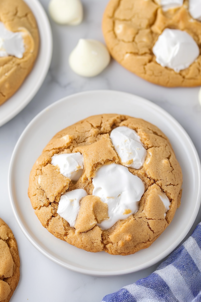 Freshly baked cookies arranged casually, highlighting the contrast between soft white topping and golden dough.