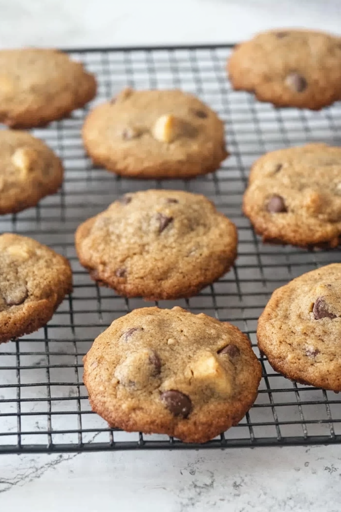 Fresh cookies piled together, with melted chocolate chips adding contrast to the golden dough.