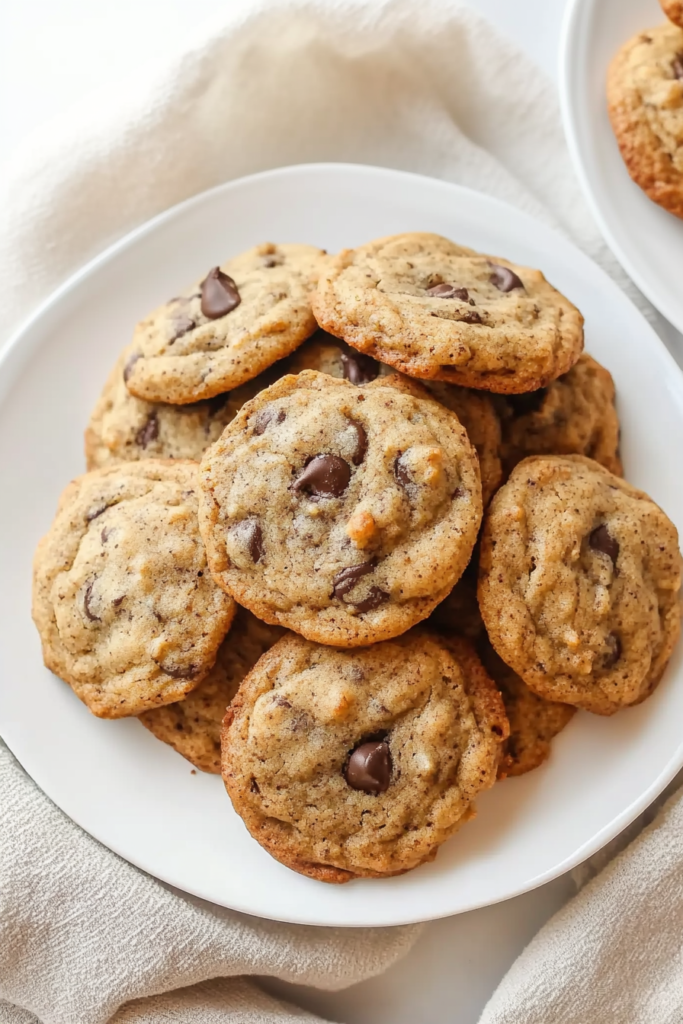 Stack of golden-brown cookies on a plate, with chocolate chips visible across their soft surface.