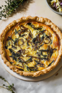 Golden baked French caramelized onion quiche with a flaky crust and creamy savory filling.