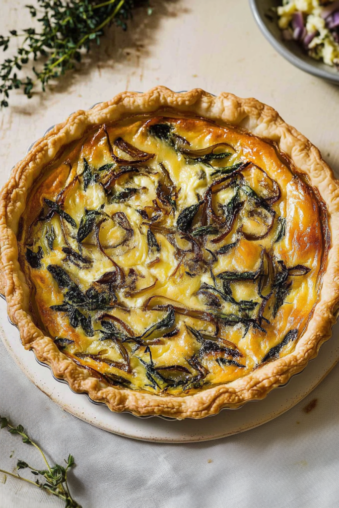Golden baked French caramelized onion quiche with a flaky crust and creamy savory filling.