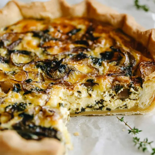Close-up of a rustic onion and cheese quiche with a buttery, crisp pastry crust.