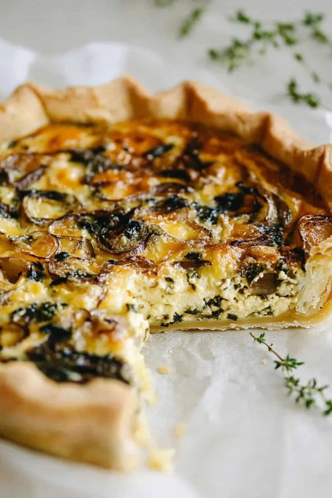 Close-up of a rustic onion and cheese quiche with a buttery, crisp pastry crust.