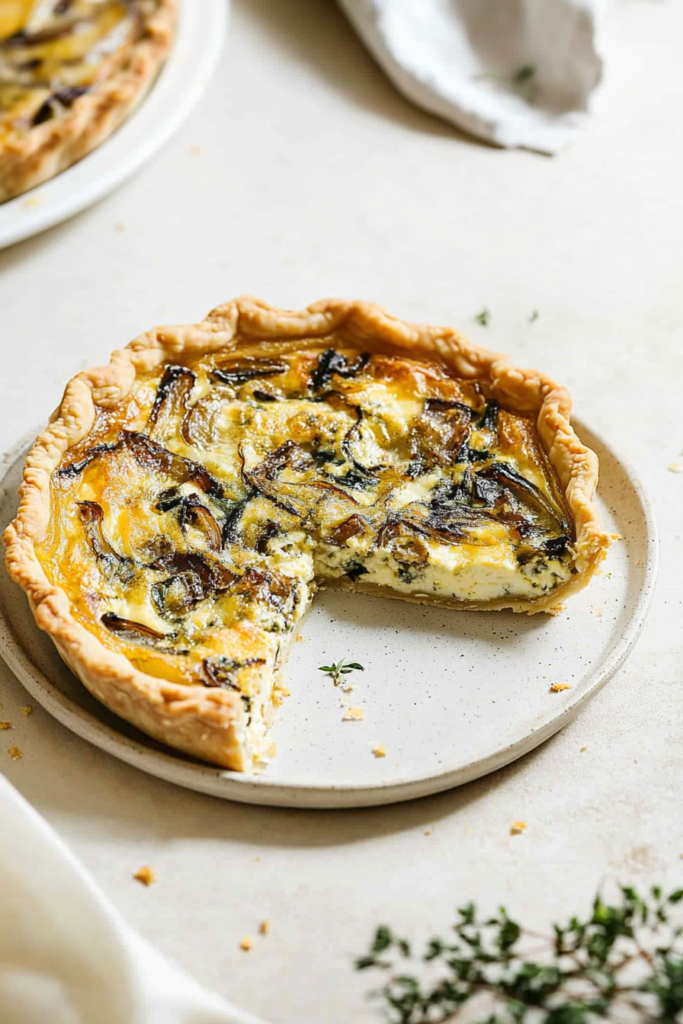 Creamy custard-filled quiche with browned onions and a perfectly golden top.