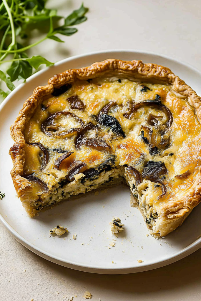 Slice of homemade quiche topped with deeply caramelized onions and melted cheese.