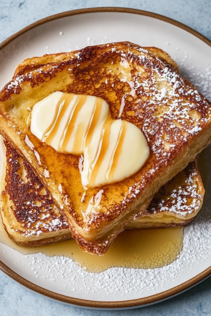 Golden French toast topped with whipped cream and powdered sugar.