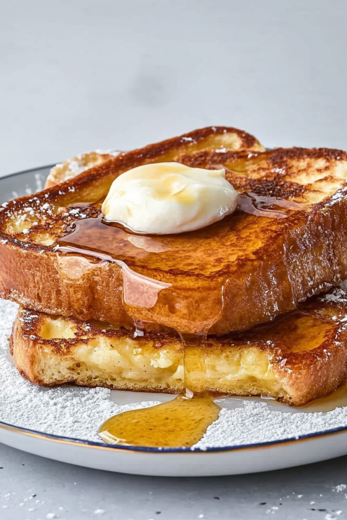 Homemade French toast stacked on a plate with whipped cream and a dusting of powdered sugar.