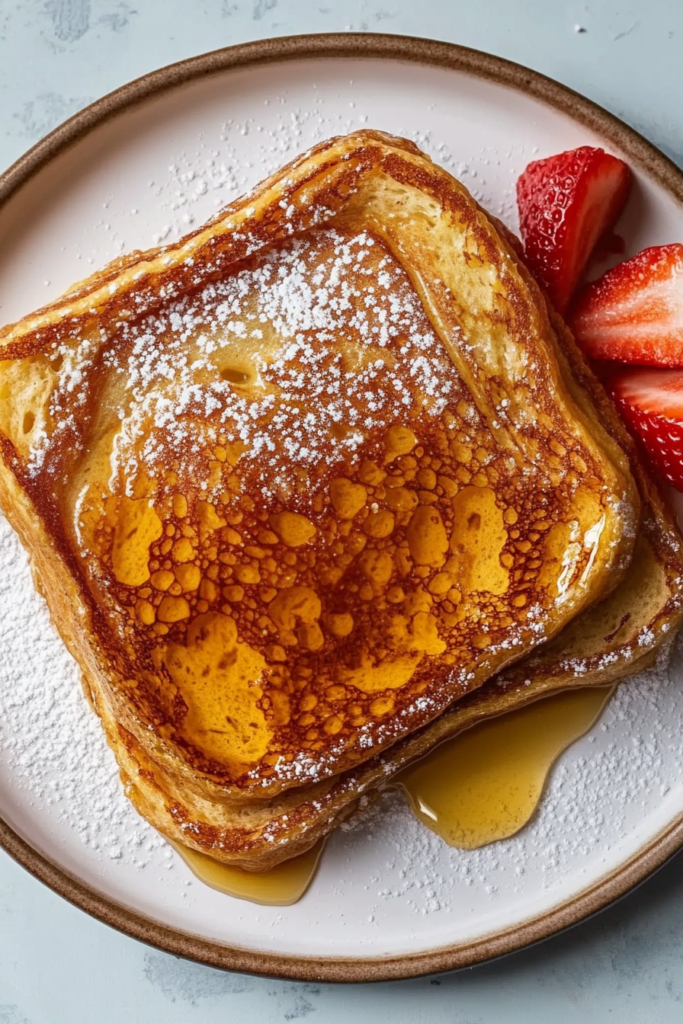 Classic breakfast toast stack served with whipped cream, strawberries, and syrup.
