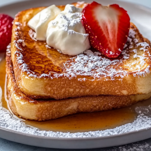 Thick slices of golden breakfast toast drizzled with maple syrup and finished with strawberries.