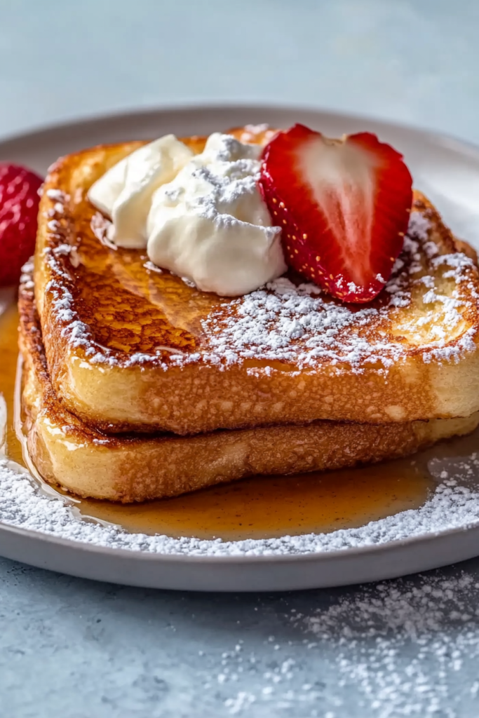Thick slices of golden breakfast toast drizzled with maple syrup and finished with strawberries.