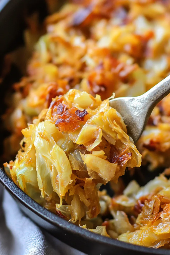 Homestyle cabbage sautรฉ with crispy bacon bits and soft onions.