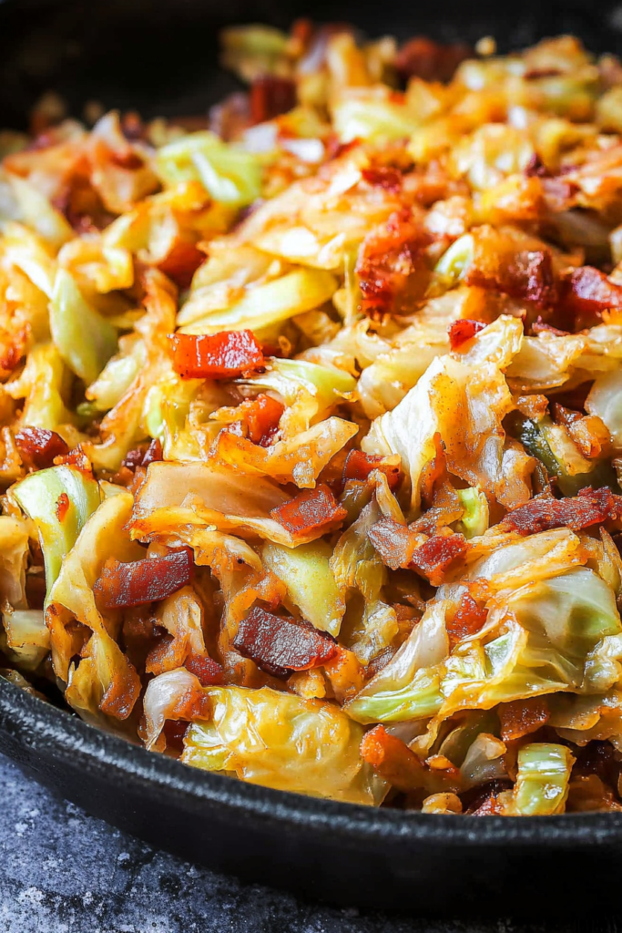 Pan-cooked cabbage with browned bacon and lightly caramelized vegetables.