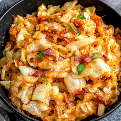 Skillet of sautรฉed cabbage with crispy bacon pieces and caramelized onions.
