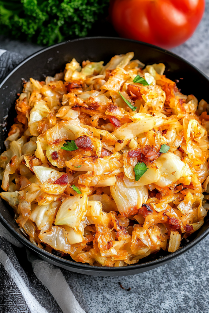 Skillet of sautรฉed cabbage with crispy bacon pieces and caramelized onions.
