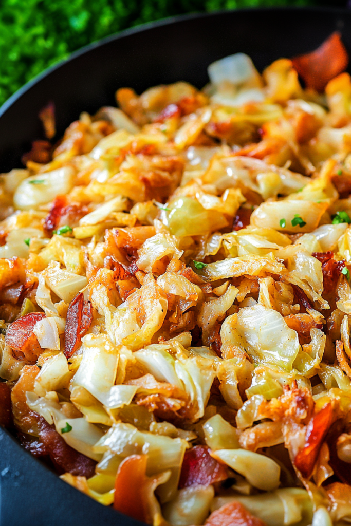 Savory cabbage and bacon mixture cooked in a cast-iron skillet.