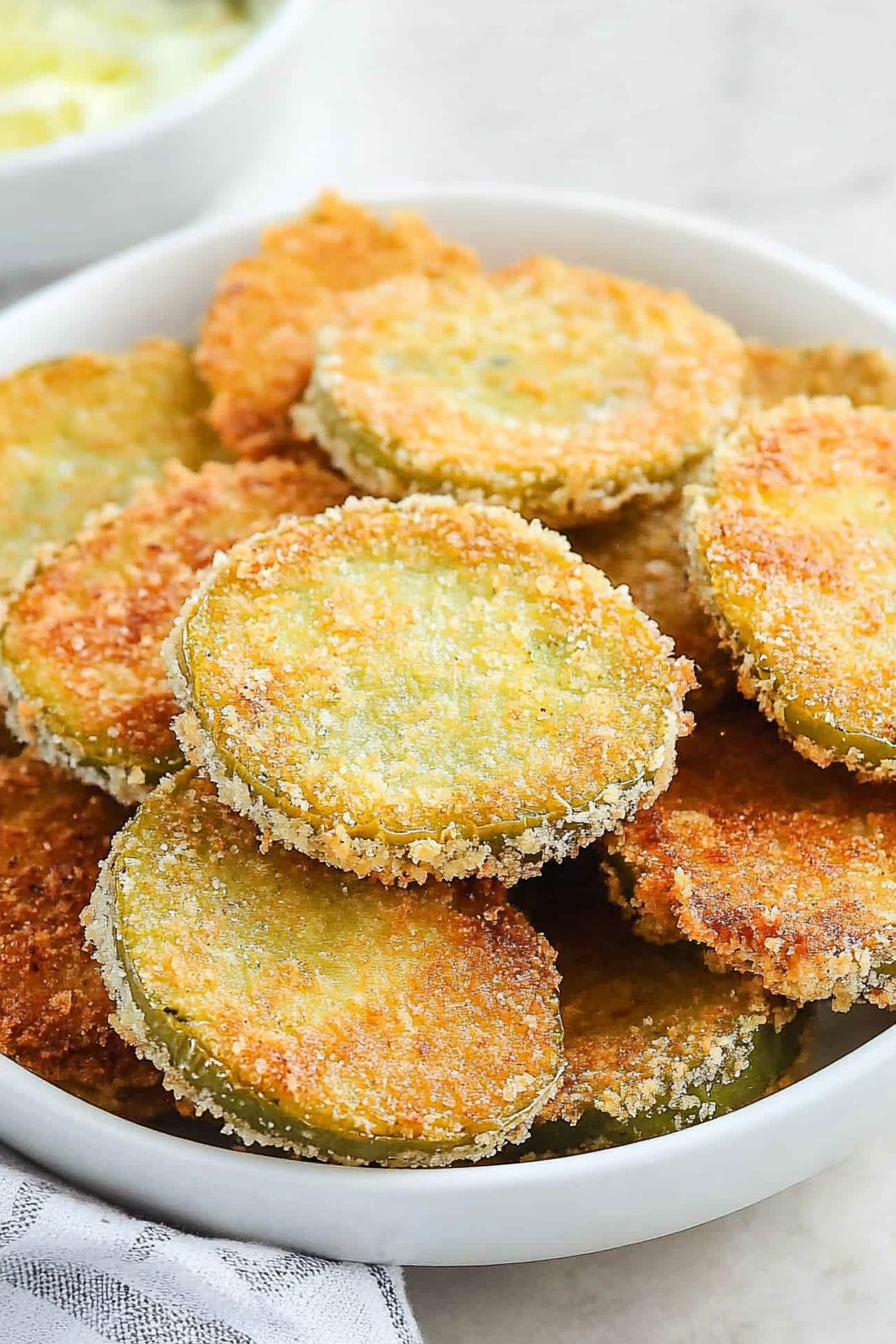 A shallow bowl filled with evenly breaded tomato slices, ready for dipping.