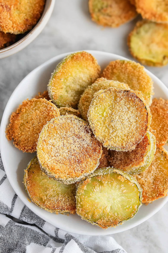 Golden slices stacked on a white plate, their crisp coating catching the light.