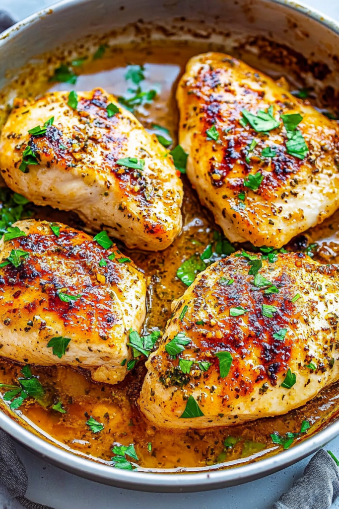 Pan-seared chicken served in a rich garlic-infused sauce with herbs.