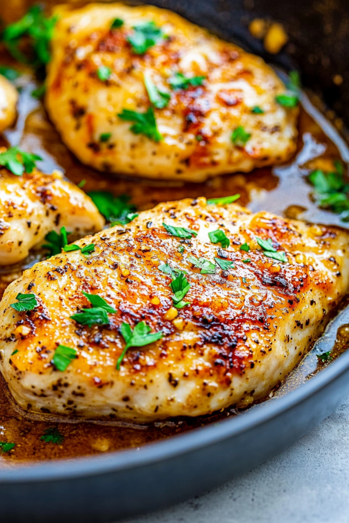 Juicy chicken fillets coated in a savory garlic butter glaze.