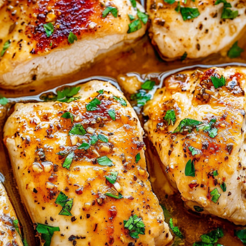 Tender chicken pieces resting in a buttery pan sauce, garnished with chopped parsley.